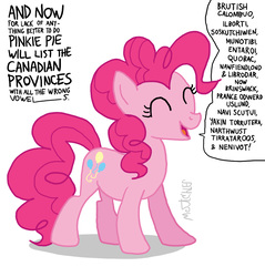 Size: 1034x1080 | Tagged: safe, artist:kturtle, pinkie pie, earth pony, pony, g4, canada, cute, eyes closed, female, mare, open mouth, simple background, smiling, solo, speech bubble, white background