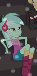 Size: 186x375 | Tagged: safe, screencap, flash sentry, lyra heartstrings, equestria girls, g4, my little pony equestria girls: friendship games, bleachers, boots, clothes, high heel boots, lyra is not amused, shorts, sitting, socks
