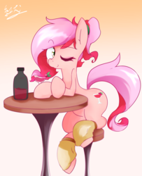 Size: 1790x2201 | Tagged: safe, artist:akainu_pony, oc, oc only, oc:cheers, bottle, chair, drink, gradient background, leg warmers, one eye closed, sitting, solo, table, wink