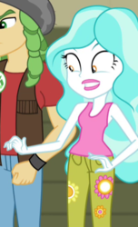 Size: 323x530 | Tagged: source needed, safe, screencap, paisley, sandalwood, equestria girls, g4, my little pony equestria girls: rainbow rocks, clothes, cropped, floral print, gritted teeth, jeans, lipstick, offscreen character, offscreen human, pants, sleeveless, tank top, teeth, yeesh
