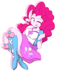 Size: 1754x2257 | Tagged: safe, artist:akainu_pony, pinkie pie, equestria girls, g4, balloon, boots, bracelet, breasts, busty pinkie pie, clothes, cute, diapinkes, female, jewelry, moe, one eye closed, reasonably sized breasts, schrödinger's pantsu, simple background, skirt, skirt lift, solo, thighs, white background, wink