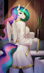 Size: 1838x3038 | Tagged: safe, artist:carat, princess celestia, alicorn, anthro, canter calendar, g4, bathrobe, breasts, busty princess celestia, clothes, female, looking at you, robe, solo, standing, undressing