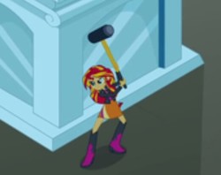 Size: 521x412 | Tagged: safe, screencap, sunset shimmer, equestria girls, g4, my little pony equestria girls, boots, clothes, cropped, female, hammer, high heel boots, isometric, jacket, leather jacket, needs more jpeg, skirt, sledgehammer, solo
