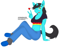Size: 5892x4700 | Tagged: safe, artist:nxgnetwork, oc, oc only, oc:esmeralda, unicorn, anthro, unguligrade anthro, absurd resolution, anthro oc, belly button, breasts, cleavage, clothes, female, heart, midriff, one eye closed, short shirt, simple background, solo, transparent background, wink