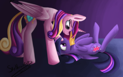 Size: 1980x1240 | Tagged: safe, artist:xskytheartist, princess cadance, twilight sparkle, alicorn, pony, g4, duo, female, lesbian, on back, ship:twidance, shipping, sisters-in-law, twilight sparkle (alicorn)