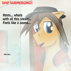 Size: 1280x1280 | Tagged: safe, artist:ask-firenze, apple cider (g4), oc, oc:firenze, vocational death cruise, g4, apple family member, door, female, hat, male, mare, steam