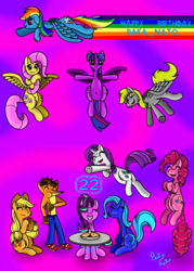 Size: 1920x2684 | Tagged: safe, artist:bakanato, applejack, fluttershy, pinkie pie, rainbow dash, rarity, starlight glimmer, trixie, twilight sparkle, alicorn, earth pony, pegasus, pony, unicorn, g4, crash bandicoot, crash bandicoot (series), food, happy, mane six, pie, smiling, twilight sparkle (alicorn)