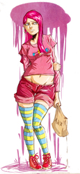Size: 1528x3330 | Tagged: safe, artist:redblacktac, madame leflour, pinkie pie, human, g4, clothes, ear piercing, earring, female, humanized, jewelry, midriff, piercing, pinkamena diane pie, shoes, shorts, simple background, socks, solo, striped socks, white background
