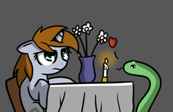 Size: 1280x836 | Tagged: safe, artist:neuro, oc, oc only, oc:littlepip, pony, snake, unicorn, fallout equestria, :p, candle, candlelight dinner, danger noodle, date, female, floppy ears, flower, frown, glare, gray background, heart, mare, simple background, solo, tongue out, unamused, vase