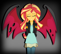 Size: 3432x3001 | Tagged: safe, artist:deannaphantom13, sunset shimmer, equestria girls, g4, clothes, eyes closed, female, gradient background, high res, jacket, leather jacket, panting, sad, solo, sunset satan