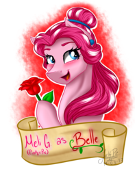 Size: 1500x1900 | Tagged: safe, artist:jack-pie, pinkie pie, g4, alternate hairstyle, banner, beautiful, beauty and the beast, belle, blushing, crossover, disney, female, flower, hoof hold, looking back, melissa gedeón, meme, open mouth, rose, solo, voice actor joke