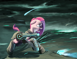 Size: 3300x2550 | Tagged: safe, artist:truthradar, pinkie pie, earth pony, pony, g4, the cutie re-mark, alternate timeline, apinkalypse pie, charge, crystal war timeline, female, high res, laser, pinkamena diane pie, solo, war face, weapon