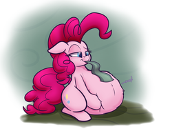 Size: 1250x950 | Tagged: safe, artist:bellspurgebells, marble pie, pinkie pie, earth pony, pony, g4, belly, female, fetish, floppy ears, lidded eyes, mare, pinkie pred, sitting, smiling, tail, tail sticking out, vore