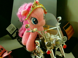 Size: 2308x1731 | Tagged: source needed, safe, pinkie pie, g4, build-a-bear, irl, motorcycle, photo, plushie, solo, toy