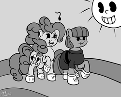 Size: 1280x1024 | Tagged: safe, artist:novaspark, maud pie, pinkie pie, earth pony, pony, g4, 30 minute art challenge, black and white cartoon, clothes, female, gloves, grayscale, mare, monochrome, music notes, old timey, oldschool cartoon, pac-man eyes, retro, rubber hose animation, sisters, sun, trotting