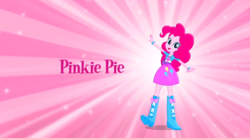 Size: 1323x730 | Tagged: safe, pinkie pie, equestria girls, g4, balloon, boots, bracelet, clothes, female, high heel boots, jewelry, looking at you, music video, pink background, raised leg, simple background, skirt, solo, sparkles