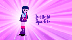 Size: 1323x730 | Tagged: safe, screencap, twilight sparkle, equestria girls, g4, backpack, bowtie, clothes, commercial, cute, female, hands together, leg warmers, looking at you, magic of friendship (equestria girls), music video, purple background, shoes, simple background, skirt, solo, sparkles