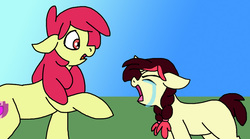 Size: 900x500 | Tagged: safe, artist:zee-stitch, part of a set, apple bloom, oc, oc:arkansas black, g4, crying, mother and daughter, offspring, parent:apple bloom, parent:flim