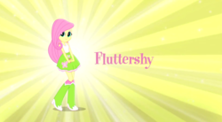 Size: 1323x729 | Tagged: safe, fluttershy, equestria girls, g4, boots, clothes, cute, female, hands together, high heel boots, looking at you, music video, raised leg, simple background, skirt, socks, solo, yellow background