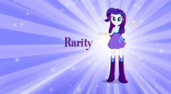 Size: 1323x730 | Tagged: safe, rarity, equestria girls, g4, boots, bracelet, clothes, female, high heel boots, jewelry, looking at you, music video, purple background, simple background, skirt, smiling, solo, sparkles