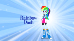 Size: 1280x706 | Tagged: safe, screencap, rainbow dash, equestria girls, g4, abstract background, blue background, boots, bracelet, clothes, compression shorts, female, hands on arms, jewelry, looking at you, music video, skirt, socks, solo, sparkles, wristband