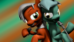 Size: 1920x1080 | Tagged: safe, artist:wiizzie, lyra heartstrings, oc, g4, 3d, back to back, hoof hold, microphone