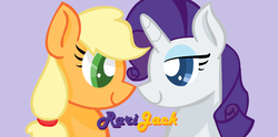 Size: 1406x696 | Tagged: safe, artist:redrose26, applejack, rarity, g4, bedroom eyes, bust, colored pupils, eye contact, female, lesbian, looking at each other, purple background, ship:rarijack, shipping, simple background, smiling