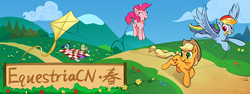 Size: 5000x1875 | Tagged: safe, artist:draconidsmxz, angel bunny, applejack, fluttershy, pinkie pie, rainbow dash, rarity, twilight sparkle, alicorn, pony, g4, book, chinese, cloud, flower, group, high res, jumping, kite, mane six, mountain, picnic, prone, pronking, reading, scenery, sky, spring, style emulation, teapot, twilight sparkle (alicorn)