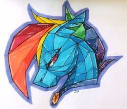 Size: 1024x882 | Tagged: safe, artist:oneiria-fylakas, rainbow dash, g4, alternate timeline, apocalypse dash, bust, crystal war timeline, female, portrait, solo, stained glass, torn ear, traditional art