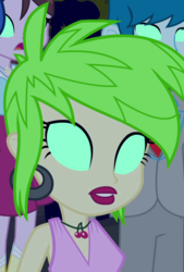 Size: 612x903 | Tagged: safe, screencap, cherry crash, thunderbass, velvet sky, equestria girls, g4, my little pony equestria girls, cherry, cropped, ear piercing, earring, fall formal outfits, food, glowing eyes, jewelry, mind control, piercing