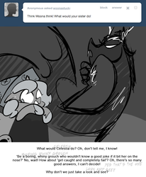 Size: 666x809 | Tagged: safe, artist:egophiliac, discord, princess luna, moonstuck, g4, ask, cartographer's cap, filly, grayscale, hat, monochrome, tumblr, woona, younger