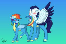 Size: 1024x693 | Tagged: safe, artist:colourstrike, rainbow dash, soarin', pony, g4, blushing, butt, chest fluff, clothes, colored wings, colored wingtips, female, flirting, gradient background, male, plot, seduction, ship:soarindash, shipping, spread wings, straight, tail seduce, uniform, wingboner, wonderbolts uniform