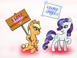 Size: 800x600 | Tagged: safe, artist:eulicious, applejack, rarity, g4, female, lesbian, looking at each other, magic, ship:rarijack, shipping, simple background