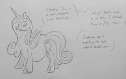 Size: 1280x800 | Tagged: safe, artist:irateliterate, princess cadance, alicorn, pony, g4, belly, big belly, cadancepred, female, fetish, implied princess celestia, implied unbirthing, impossibly large belly, monochrome, offscreen character, preylight, seems legit, sketch, solo, vore