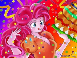 Size: 800x600 | Tagged: safe, artist:8lunabianca8, pinkie pie, equestria girls, g4, cake, confetti, female, food, solo, streamers, tongue out
