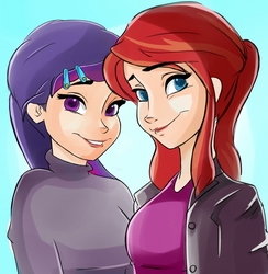Size: 2025x2078 | Tagged: safe, artist:vermilion slap, sunset shimmer, twilight sparkle, equestria girls, g4, clothes, cute, disney style, female, high res, human coloration, humanized, lesbian, looking at you, pixiv, ship:sunsetsparkle, shipping, smiling, style emulation