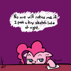 Size: 800x800 | Tagged: safe, artist:valcron, pinkie pie, pony, g4, female, simple background, sketch, solo, table