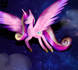Size: 2200x2000 | Tagged: safe, artist:meowarthu, princess cadance, alicorn, pony, g4, female, flying, high res, mare, solo, space, spread wings