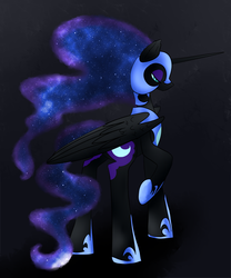 Size: 1500x1800 | Tagged: safe, artist:lunar-march, nightmare moon, alicorn, pony, g4, female, looking back, mare, raised hoof, solo