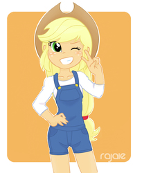 Size: 862x1052 | Tagged: safe, artist:rajaie, applejack, equestria girls, g4, clothes, cowboy hat, dungarees, female, grin, hat, one eye closed, smiling, solo, stetson, wink