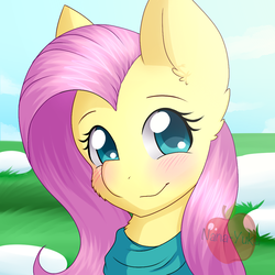 Size: 944x944 | Tagged: safe, artist:nana-yuka, fluttershy, pegasus, pony, g4, blushing, bust, clothes, cute, female, looking at you, mare, portrait, scarf, shyabetes, smiling, snow, solo