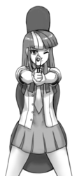 Size: 2000x4407 | Tagged: safe, artist:johnjoseco, derpibooru exclusive, twilight sparkle, human, g4, cello case, female, grayscale, gun, gunslinger girl, high res, humanized, monochrome, solo, this will end in death, weapon