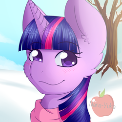 Size: 944x944 | Tagged: safe, artist:nana-yuka, twilight sparkle, g4, blushing, clothes, female, looking at you, scarf, smiling, snow, solo, tree, winter