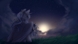 Size: 2002x1139 | Tagged: safe, artist:shinoamashiro, princess luna, alicorn, pony, g4, cloud, female, grass, lidded eyes, looking away, sitting, solo, spread wings, stars, sunrise