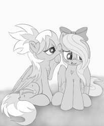 Size: 1062x1291 | Tagged: safe, artist:uncannycritter, cloudchaser, flitter, g4, blushing, both cutie marks, chest fluff, cloud, grayscale, grin, monochrome, sitting, smiling, underhoof, whispering