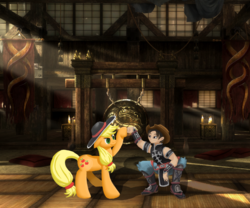 Size: 980x815 | Tagged: safe, artist:torifeather, applejack, g4, accessory swap, crossover, fist bump, hat, hat swap, kung lao, mortal kombat