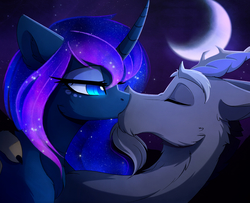 Size: 2480x2013 | Tagged: safe, artist:magnaluna, discord, princess luna, alicorn, draconequus, pony, g4, chest fluff, chin fluff, crescent moon, curved horn, duo, ear fluff, eyes closed, female, fluffy, galaxy mane, high res, horn, horns, kiss on the lips, kissing, lidded eyes, male, mare, moon, neck fluff, night, ship:lunacord, shipping, straight