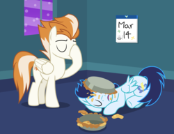 Size: 2610x2000 | Tagged: safe, artist:chainchomp2, fire streak, soarin', pegasus, pony, g4, calendar, duo, duo male, facehoof, food, gluttony, high res, male, messy eating, on side, pi, pi day, pie, prone, show accurate, stallion, that pony sure does love pies, this will end in colic, vector