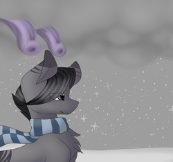 Size: 2542x2384 | Tagged: safe, artist:cyrinthia, oc, oc only, pony, chest fluff, clothes, high res, male, scarf, snow, snowfall, solo, stallion, winter