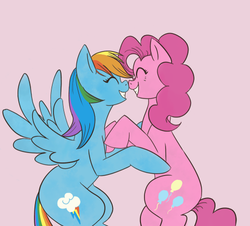 Size: 500x452 | Tagged: safe, artist:rarijack-countrycouture, pinkie pie, rainbow dash, earth pony, pegasus, pony, g4, bipedal, boop, duo, eyes closed, female, lesbian, mare, noseboop, pink background, ship:pinkiedash, shipping, simple background, smiling, spread wings